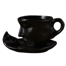 260ml Creative Face Shape Porcelain Tea Cup and Saucer Set, Artistic Kiss Ceramic Coffee Mug, Wedding DecorBlack