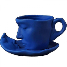 260ml Creative Face Shape Porcelain Tea Cup and Saucer Set, Artistic Kiss Ceramic Coffee Mug, Wedding DecorBlue