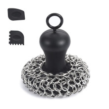 Cast Iron Chainmail Scrubber + Pan Scraper, Stainless Steel Skillet Cleaner, Scraper Tool for Cast Iron Pans Black