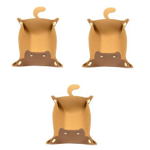 3-Delige Pad Schattig Kattenvormig Lederen Valetbakje, Sieradenbakje voor Salontafel, Decoratieve Bureau-Organizer, Opvangbak Bruin
