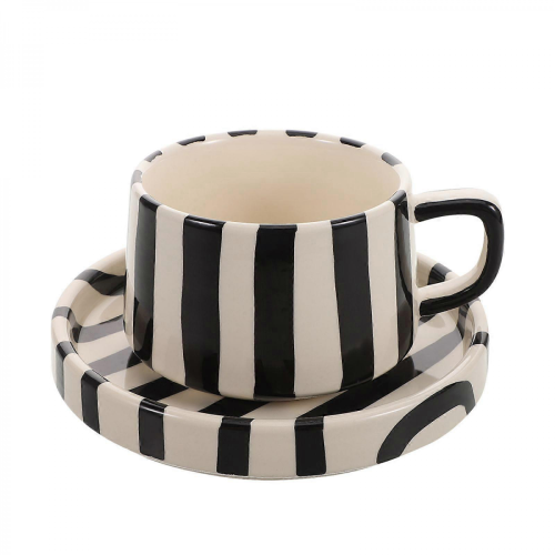 1 Set Striped Ceramic Mug for Coffee Tea Juice Latte CappuccinoBlack
