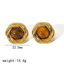Waterproof Gold Plated Tiger Eye Pearl Stud Earrings for WomenTE6719-TG-G