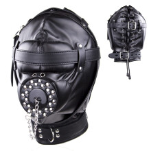 BDSM Hood Leather Mask Face Cover With Plug And Nostril Bondage, Adjustable Back Drawstring, Fetish Mask For Couples