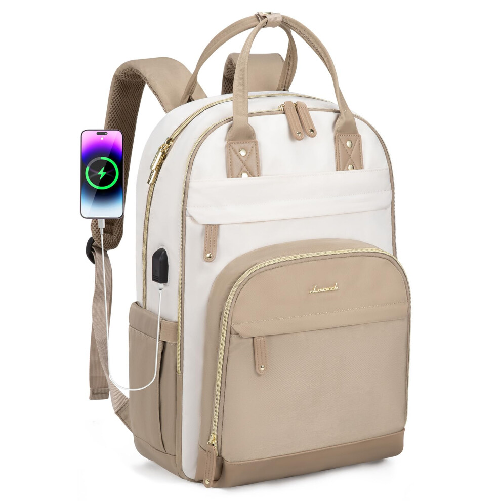 Backpack For Women 15.6Inch Laptop Waterproof Rucksack With Antitheft Zipper Usb Port Large Capacity Khaki Beige 9347817373042