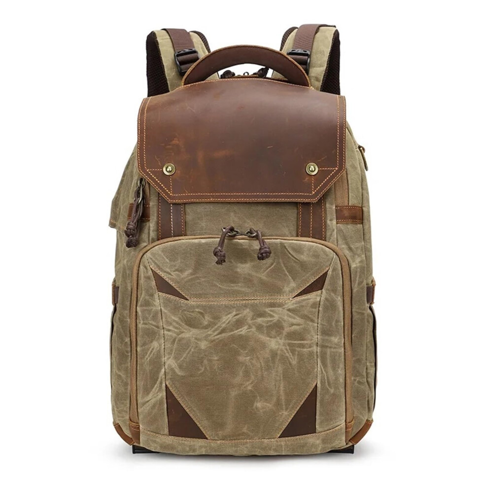 Camera Bag Waterproof Retro Batik Canvas Leather Backpack Usb Port Fits 15.4 Inch Laptop Khaki 9347817487961
