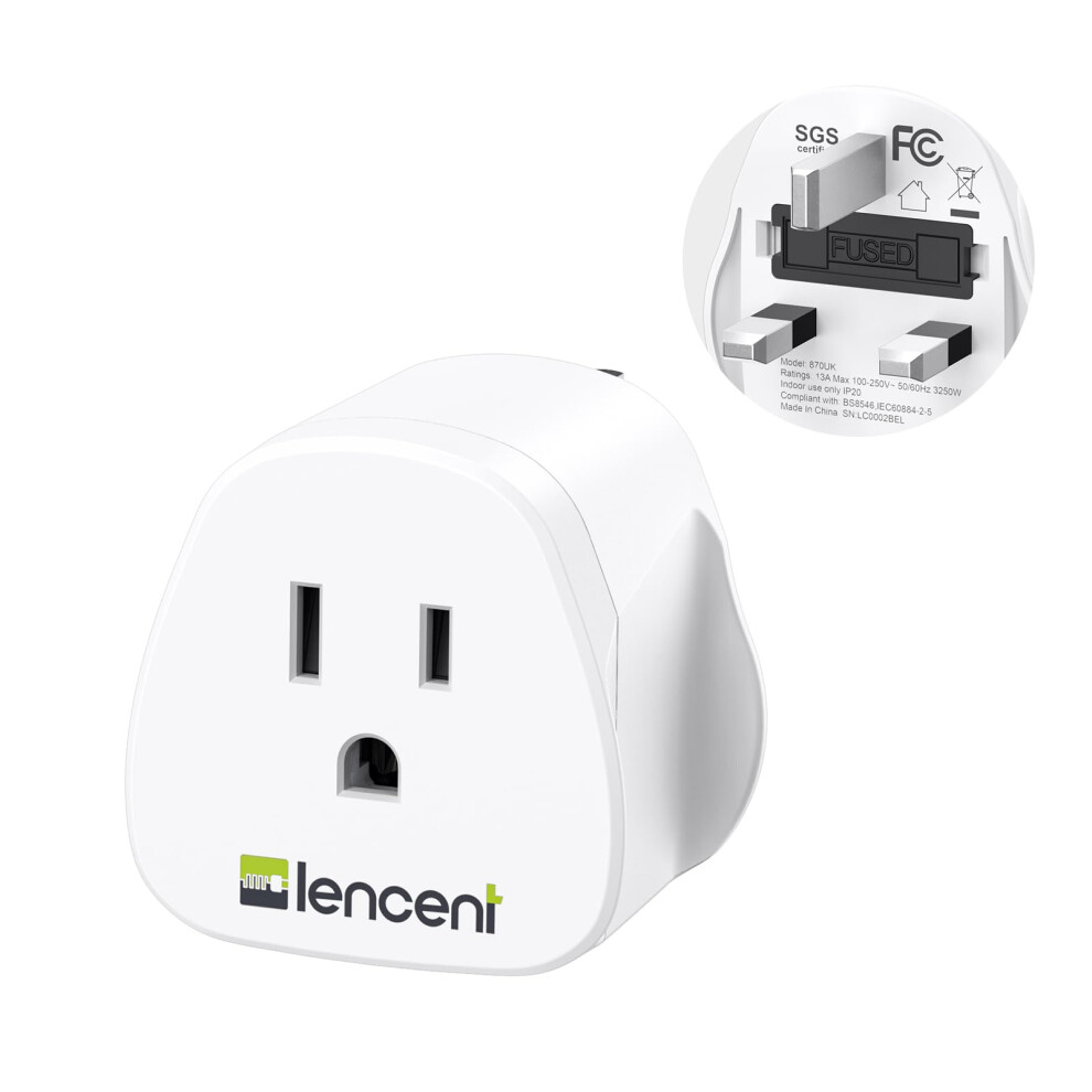 Lencent Us To Uk Plug Adapter, 2/3 Pin Usa To 3 Pin Uk Plug Adaptor, American/Mexico/Canada To British Travel Plug Adapter, 1 Pack, White 56736991