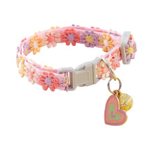 Adjustable Neck Pet Collar Flower Pattern Pendant Bell Soft Lightweight Love Heart Design For Cats