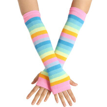Knitted Over Elbow Long Arm Warmers Women US Flag Rainbow Stripes Patchwork Fingerless Gloves With Thumb Hole