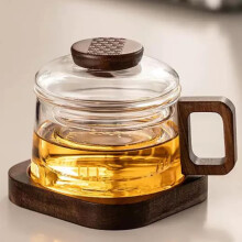 Glass Tea Cup with Infuser and Lid, 200ml Clear Mug with Wooden Saucer and AntiScald Handle