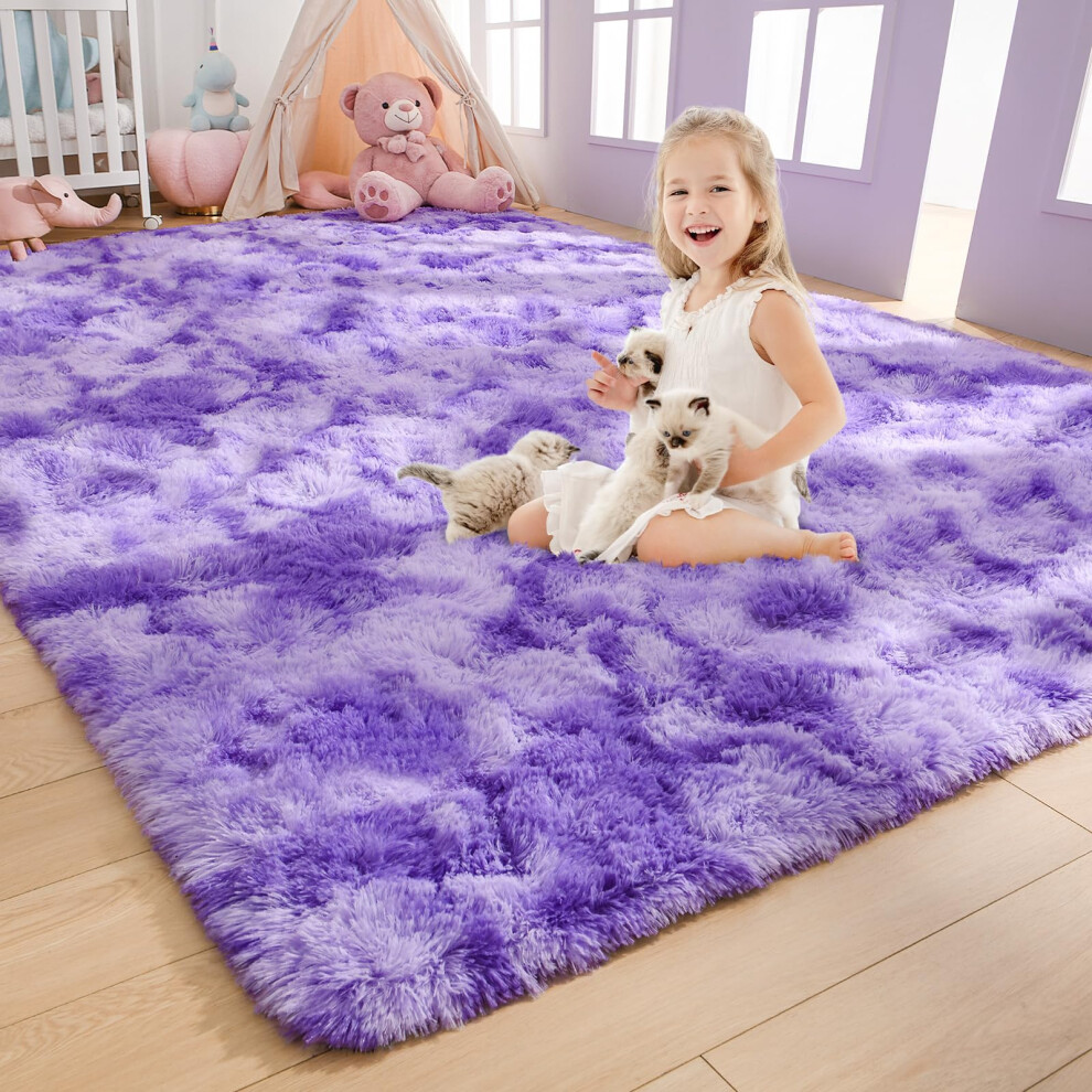 Soft Rainbow Area Rugs 6x9 Feet, Fluffy Princess Rug for Girls Room, Purple Colorful Carpet for Kids Teens Nursery