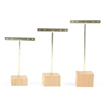 3 Stuks Gouden Metalen T-Bar Oorbel Displaystandaard met Houten Vierkante Basis 4 Gaten Sieradenhouders Hangende Oorbelorganisator