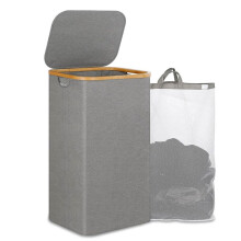 Cesto para la Colada de 110L con Asa y Tapa, Organizador de Cesta Plegable con Bolsa Interior ExtraíBle para Ropa, Juguetes, Gris