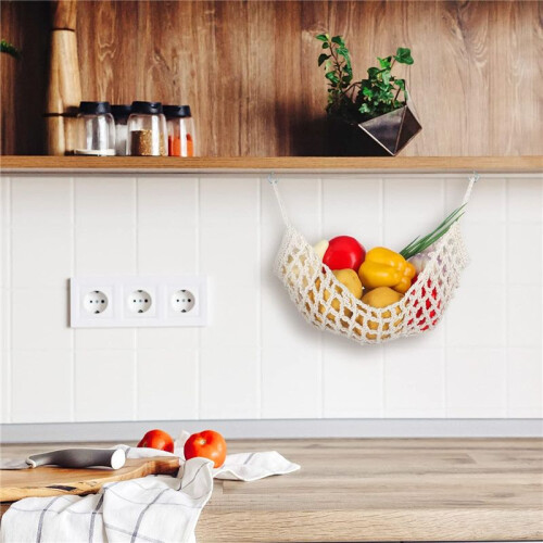 2 Pcs Macrame Fruit Hammock for Kitchen Under Cabinet Hanging Fruit Baskets Handwoven Decorative Fruit Net Bag 2
