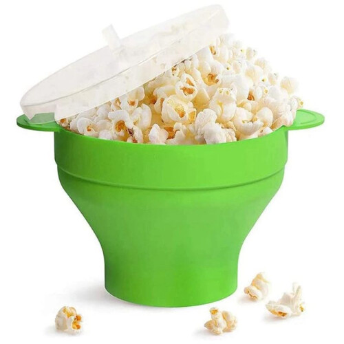 Popcorn Microwave Silicone Foldable Kitchen Easy Tools DIY Popcorn Bucket Bowl Maker with Lid,Green