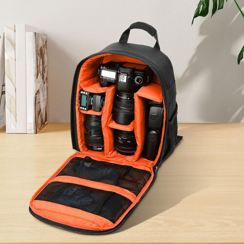 Travel Camera Backpack DSLR Organizer Orange Adjustable Compartments Sturdy Zipper Pouch Comfortable Straps 2