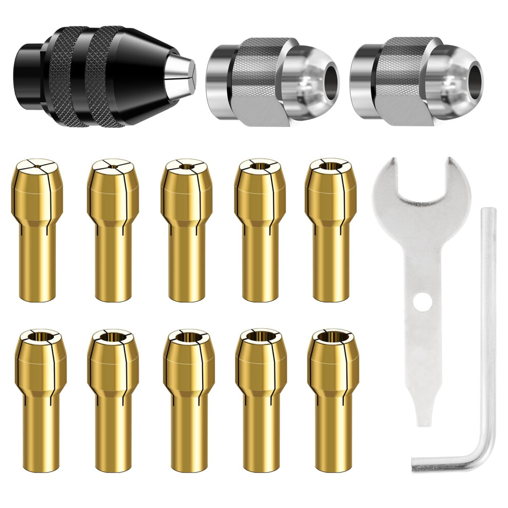 Drill Chuck Collet Set For Dremel, 15Piece Kit, 0.83.2Mm Shank, 4486 Keyless Quickchange Chuck, Brass Collet Nut 4485 9347817376890