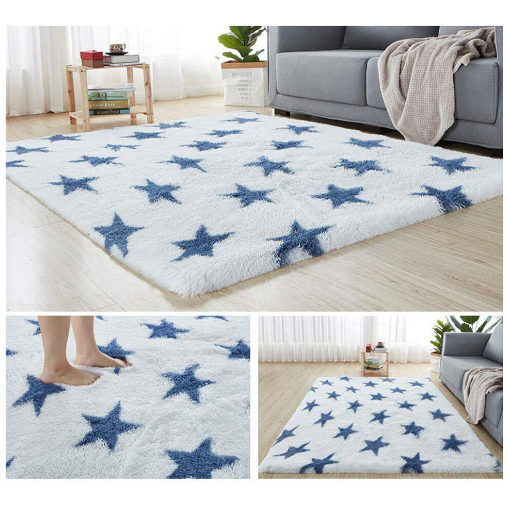 Fluffy Soft Carpet NonSlip Emulsion Bottom Shaggy Area Rug WhiteBlue 80x120 cm Safe for Kids Bedroom Living Room