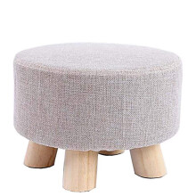 Round Foot Rest Stool, Foot Stool With Legs, Upholstered Linen Detachable Cover, Shoe Change Stool, Grey Solid Wood