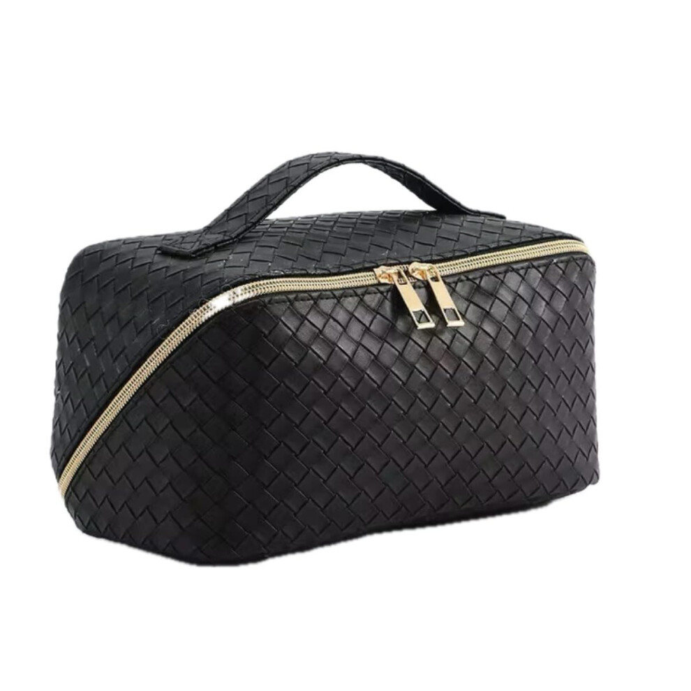 Black Large Capacity Waterproof Pu Leather Makeup Bag With Dividers And Handle For Travel And Cosmetics