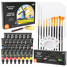 Shuttle Art 46 Pack Acrylic Paints Set, 30 Colours Acrylic Paint with 10 Brushes, 3 Blank Canvas,1 Palette, 1 Sponge, Complete Craft Paint for Canvas