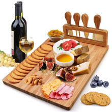 Bamboo Cheese Board Set Charcuterie Platter Serving Meat Board Including 4 Stainless Steel Knife and Serving Utensils for Christmas Wedding Birthday