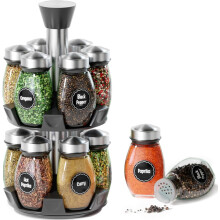 Doaizer Revolving Spice Rack Organizer - Spinning Countertop Herb and Spice Storage Rack Tower Organizer with 12 Empty Glass Jars Bottles and Labels,