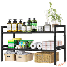 Under Sink Storage 42cm-78cm Expandable Length, Adjustable Height Max 42.5cm 2-Tier Under Sink Kitchen Organizer with 8 Removable ABS Panels Metal Fr