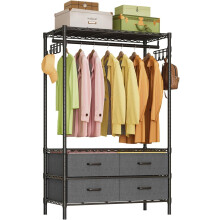 FTEYUET Clothes Rail Heavy Duty Clothing Rail for Hanging Clothes, Adjustable Metal Garment Rack Coat Rail with 4 Fabric Drawers, Freestanding Open W