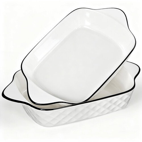 Lasagna Baking Dish Set, Ceramic Rectangular Dishes with Heat-Resistant Handles Hioph, Oven Safe, 2 Pack Diamond Pattern