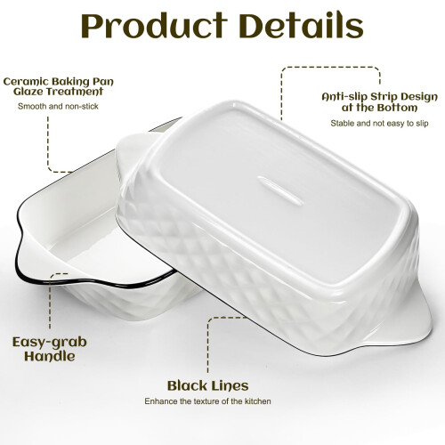 Lasagna Baking Dish Set, Ceramic Rectangular Dishes with Heat-Resistant Handles Hioph, Oven Safe, 2 Pack Diamond Pattern 2