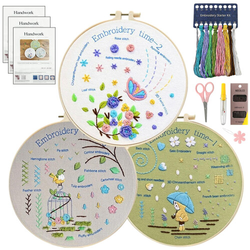 Zeeorymn Embroidery Kit for Beginners,3-Pack Embroidery Starter Kit Including 31 Stitches Learning Step-by-Step Guide, Including Pre-Patterns, Thread