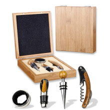 4 Piece Wine Opener Set - Waiter's Mate Including Corkscrew & Foil Cutter, Wine Stopper & Pourer + Velvet Lined Bottle Collar in Exquisite Bamboo Gif