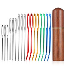 17Pcs Large Eye Curved Needles Sewing, Stainless Steel Large Eye Bent Tapestry Needles Curved Darning Needle Embroidery Needle with Wooden Case for Y