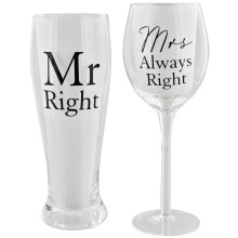 Amore Mr Right and Mrs Always Right by Amore Pint & Wine Glass Gift Set