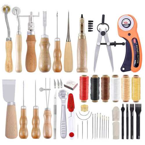 52 Pcs Leather Tools Set with Instruction, Leather Groover, Punch Tools, Waxed Thread for Sewing and Making