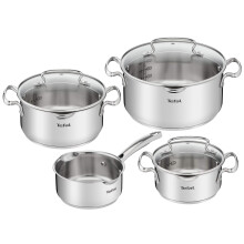 Tefal Duetto Set 7 Pieces: 3 Cooking Pots 16/20/24 cm, 1 Saucepan 16 cm, 3 Lids, Stainless Steel, 3 Glass Lids, Measurement Marks, All Types of Cooke