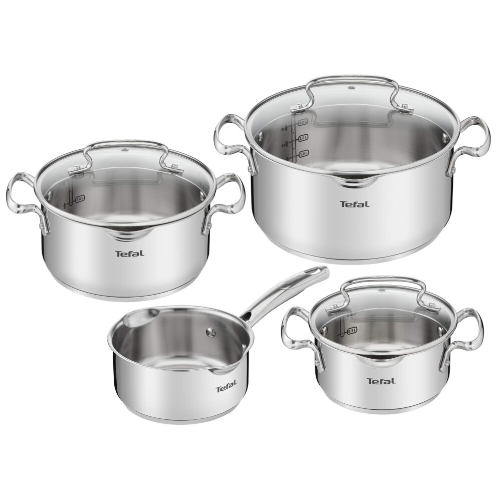 Tefal Duetto Set 7 Pieces: 3 Cooking Pots 16/20/24 Cm, 1 Saucepan 16 Cm, 3 Lids, Stainless Steel, 3 Glass Lids, Measurement Marks, All Types Of Cooke