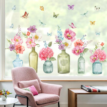wondever Spring Summer Flowers Window Stickers Floral in Jars Butterflies Glass Decal Clings Anti Collision Double-Side Static Window Decals for Home