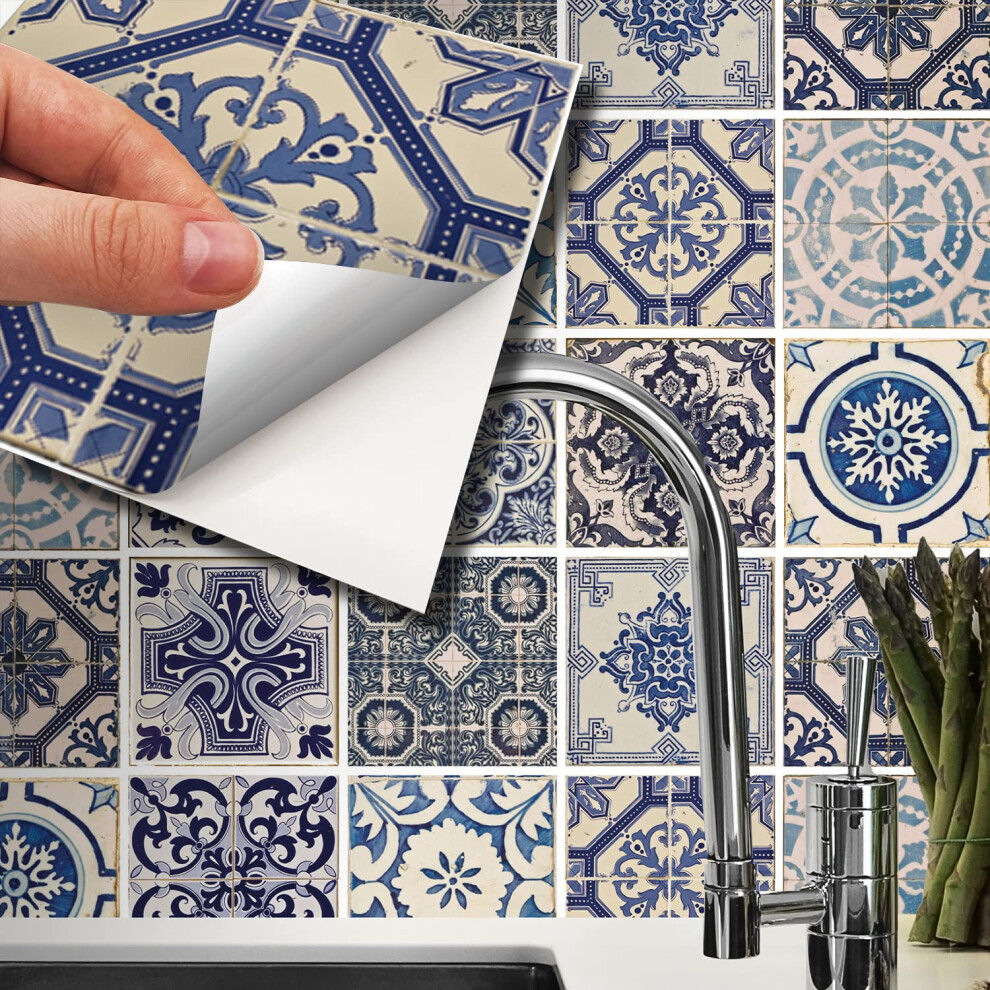 Walplus 15Cm(6"") 24 Pcs Tile Stickers Malaga Spanish Blue Peel And Stick Backsplash Self- Adhesive Decal Vinyl Home Decors Diy Splashback Spring Eas 55760560
