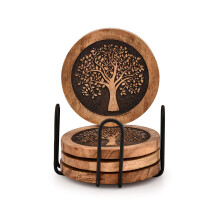 Indus Lifespace Coasters Set of 4 Acacia Wood Round Wooden Tree of Life Coasters forwith Iron Holder Stand for Drinks, Tabletop Protection for Any Ta