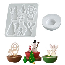 Christmas Silicone Molds, 2PCS 3D Tree Snowman Angel Design, Candle Holder Casting Molds with Base DIY Wax Plaster Resin Craft Kit for Holiday Decora