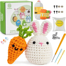 Crochet Starter Kit, Amigurumi Stuffed Toys Crochet Kit for Beginners, Friendly Yarn, Step by Step Video Tutorial, Easter Bunny and Carrot Gift