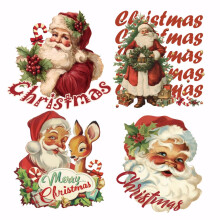 SUPERDANT 4Pcs Vintage Santa Claus Heat Transfer Stickers Berries Santa with Wreath Iron on Transfers Deer Iron on Patches Stickers Washable Sticker