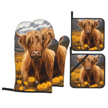 4 Pcs Highland Cows Oven Mitts and Potholders,Kitchen Oven Glove with Pot Holders,Non-Slip Gloves High Heat Resistant 500 Degree for BBQ, Grill, Baki