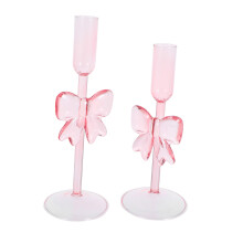 BESPORTBLE 2pcs Pink Glass Bow Candle Holders Decorative Candlestick Pillar Holder for Table Centerpiece Fireplace Wedding Party Warm Lighting