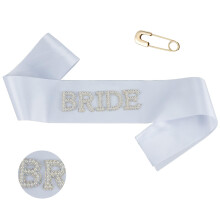 NICENEEDED Bride Sash, Sash Bridal Gifts, White Pearls Rhinestones Sashes with Adjustable Diamond Pin, Bachelorette Party Decorations for Women