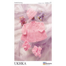 UKHKA Double Knitting DK Pattern for Baby Long Sleeved Matinee Coat Bonnet Bootees & Mittens 37