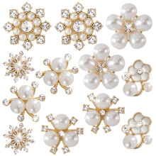 CustomyLife 12 PCS Pearl Rhinestone Buttons, Gold Flower Buttons Crystal Halloween Christmas Wedding Brooches Jewelry Embellishments for Women DIY Ha