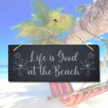 Stukk Life is Good Laser Hanging Ocean Beach Sea Sign, Natural Engraved Slate Stone Plaque, 30x12cm (Large)