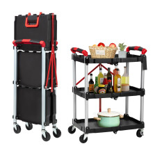 Foldable Utility Service Cart, 3 Shelf 168LBS Heavy Duty Plastic Rolling Cart with 360 Swivel Wheels (2 with Brakes), Ergonomic Handle, Portable Gar